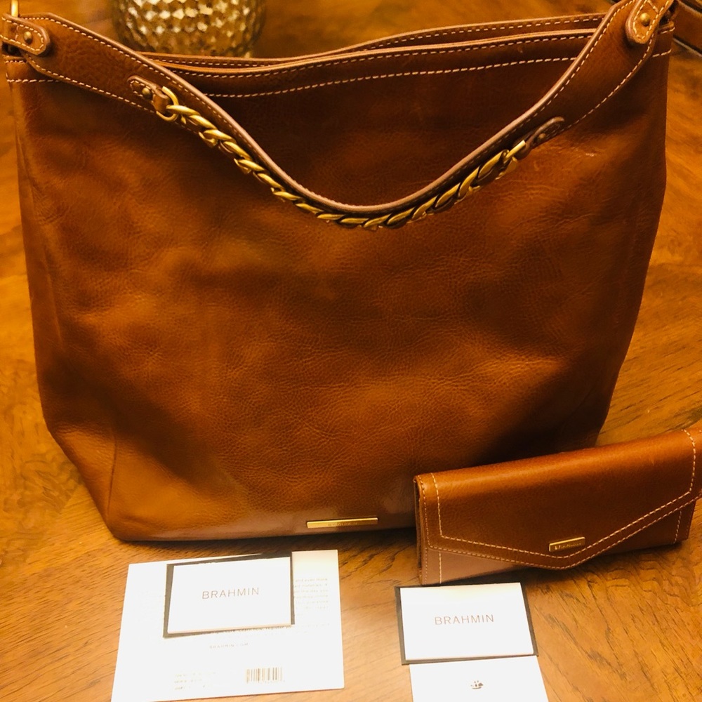 BRAHMIN Odin Collection Isabella Leather Slouch Shoulder Bag, Caramel, Like New